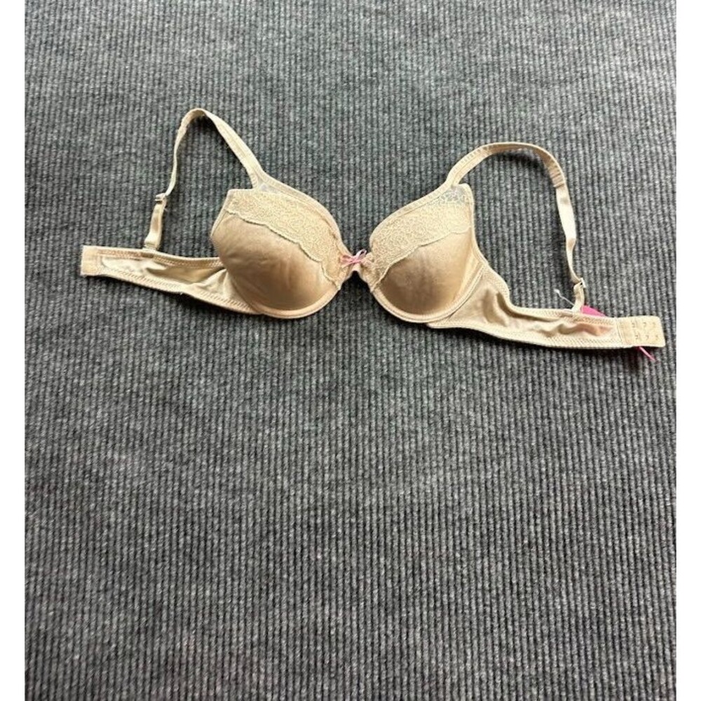 Isaac Mizrahi Womens Bra 34B Tan Nylon Blend Lace Trim Plunge Underwire Comfort